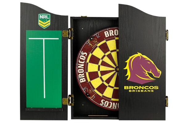NRL DARTBOARD, DARTS + CABINET BRONCO BRISBANE COMBO