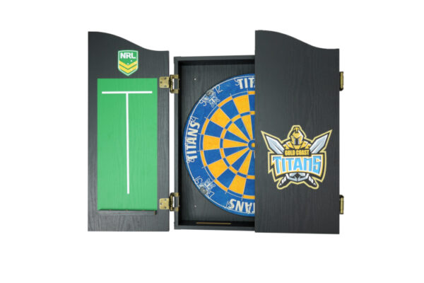 NRL DARTBOARD, DARTS + CABINET TITANS GOLD COAST COMBO