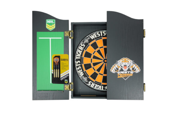 NRL DARTBOARD, DARTS + CABINET WESTS TIGERS COMBO
