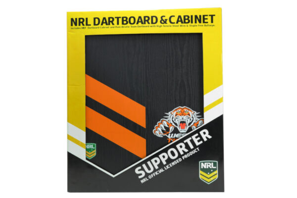 NRL DARTBOARD, DARTS + CABINET WESTS TIGERS COMBO - Image 2